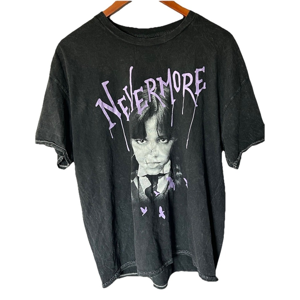 Women's Wednesday Adam's Family Black Purple Short Sleeve Shirt Size L Gothic